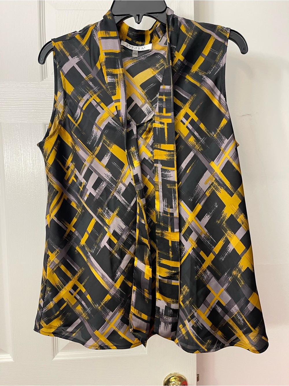 Kasper Black, Mustard & Light Mauve Printed Tie-Neck Sleeveless Top